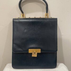 Vintage Black Leather Studded Top Flap Bag c1960s